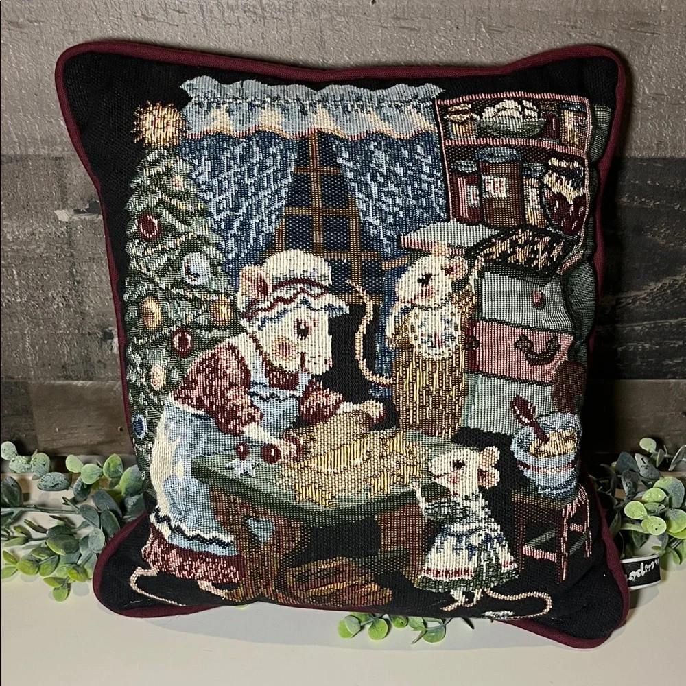 Vintage Newport Christmas mice tapestry pillow